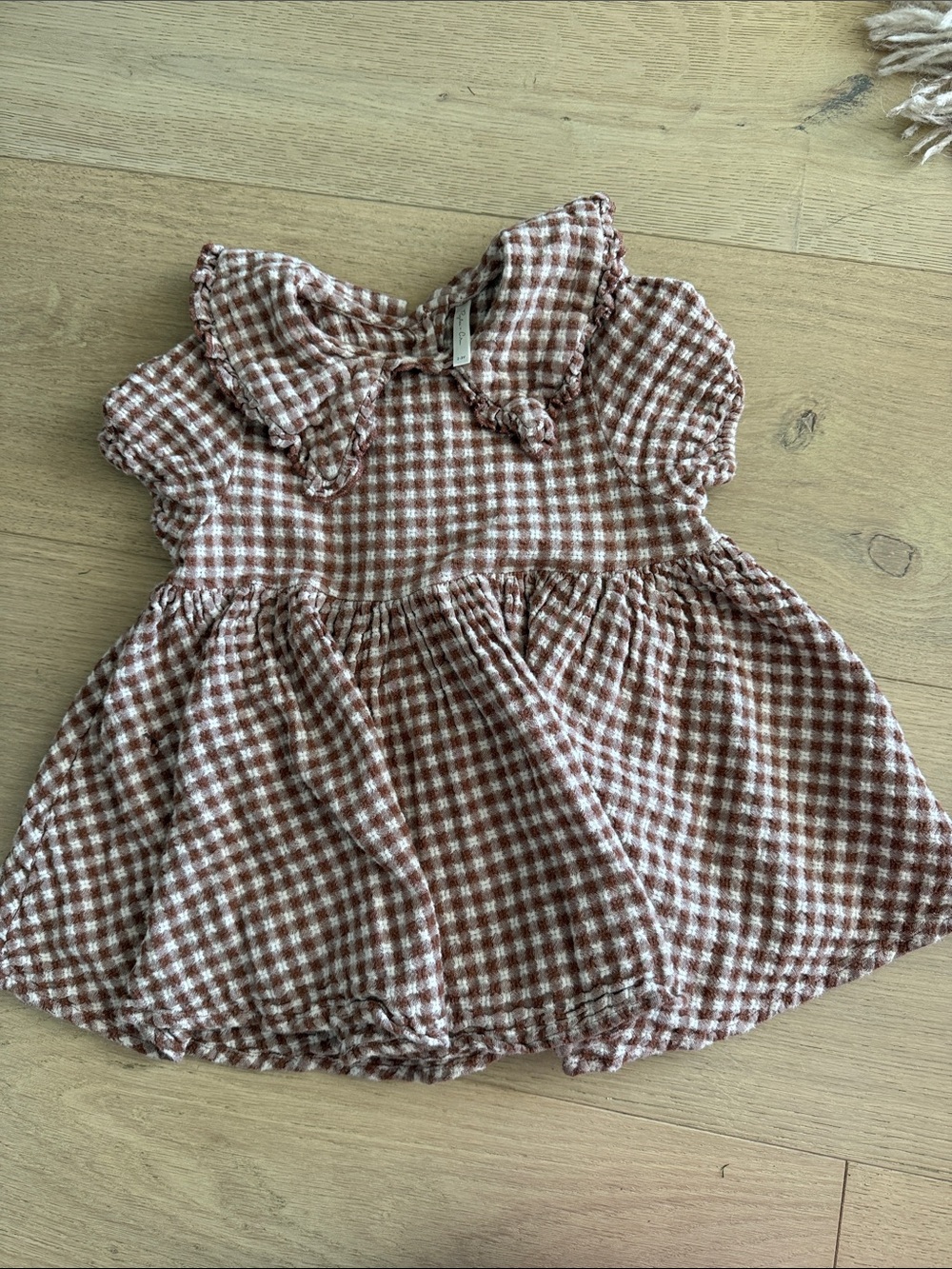 Rylee + Cru Brown and White Gingham Dress with Ruffled Collar